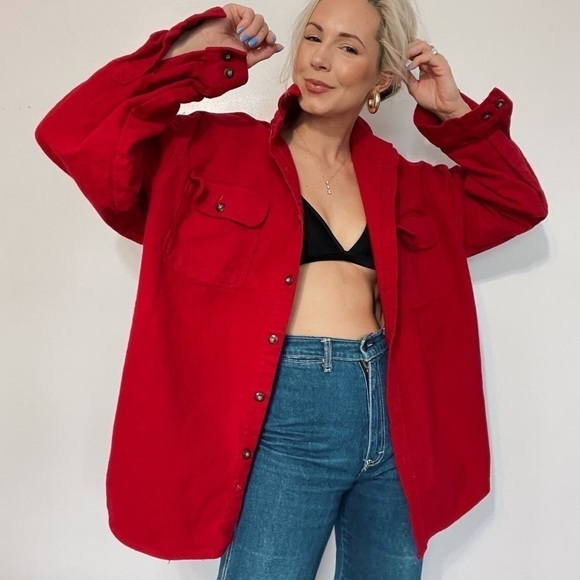 VINTAGE | Heavy Weight Chamois Flannel Solid Oversized Slouchy Button Down Top - Picture 1 of 5